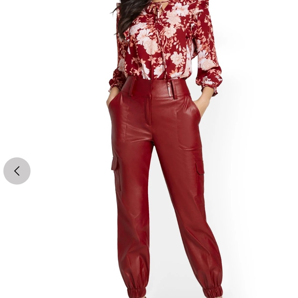 New York & Company Faux Leather Red Cargo Jogger Pants